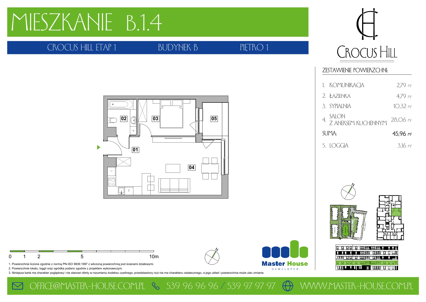 Mieszkanie 45,96 m², piętro 1, oferta nr B.1.4, Crocus Hill, Szczecin, Śródmieście, ul. Jerzego Janosika 2, 2A, 3, 3A